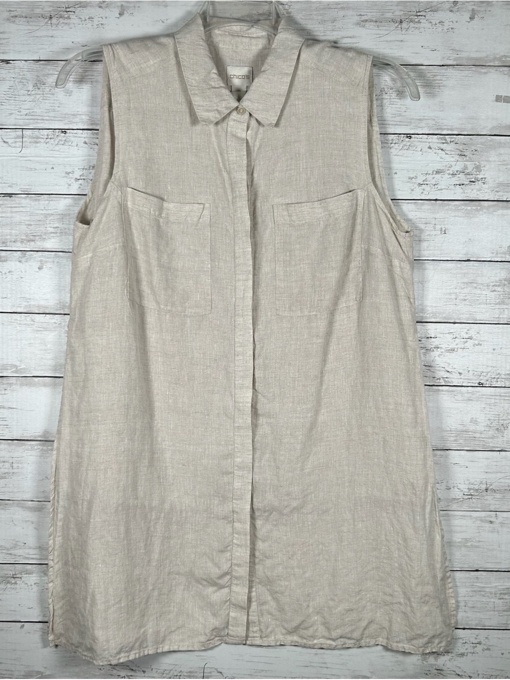 Chico’s 100 % Linen Oatmeal Long Tunic Layered Blouse Top 3 Petite = 16-18 XL - Picture 2 of 6